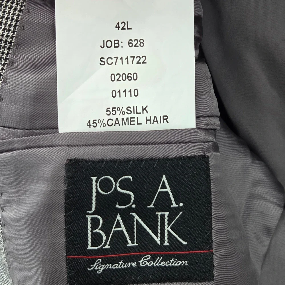 Jos A Bank Signature Collection Men's Blazer 42L Silk Camel Hair Grey Glen Plaid